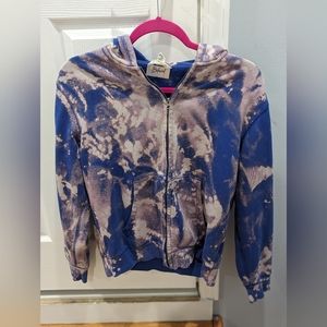 Artisan Handmade bleached Dyed blue crop zip up Pre-washed sweatshirt. L